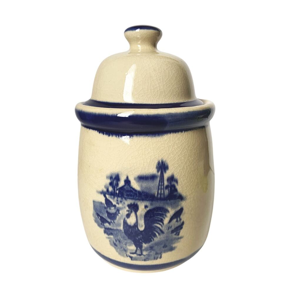 Vintage Crackled Glaze Covered Crock Rooster Farmhouse Country Cottagecore Blue